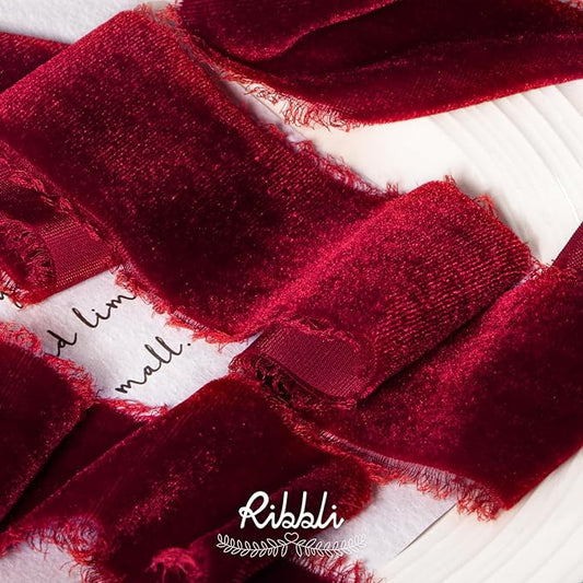 Ribbli Burgundy Velvet Ribbon 1.5 Inch Handmade Frayed Vintage Christmas Ribbon for Gift Wrapping Christmas Tree Ornament Wreath Craft Home Decor -3 Yards