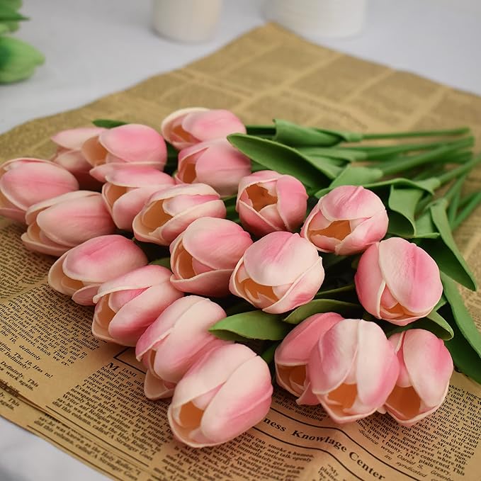 20pcs Artificial Tulips Flowers Fake Faux PU Tulip Bouquet Real Touch Flower Arrangement for Home Room Office Party Wedding Decoration Excellent Gift Idea for Mothers Day (Light Pink 20)