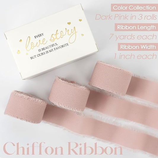 MEEDEE Dusty Rose Chiffon Ribbon 1 Inch Fringe Ribbons Dark Pink Chiffon Silk Frayed Edge Ribbon Thin Chiffon Ribbons for Crafts, Gift Wrapping, Wedding Invitation (3 Rolls 21 Yards)