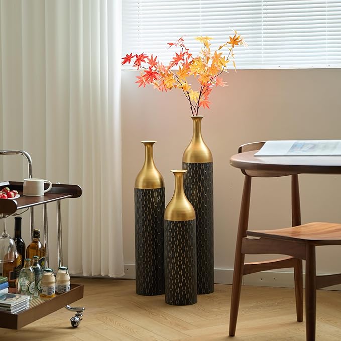 Metal Floor Vases Decorative Tall, Set of 3 Flower Arrangement Stand, Gold&Black Metal Floor Vases for Living Room Corner, Entryway & Bedroom, 34", 30", 24.8" H (Gold&Black)