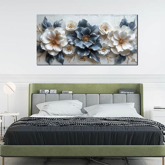 Flower Canvas Wall Art for Office Blue and White All Decor for Bedroom Women Big Wall Art for Living Room Modern Size 29" x 58"