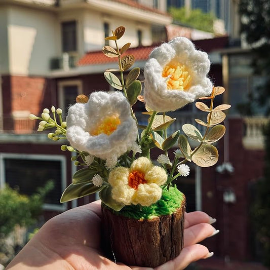 Crochet Flowers Lily of The Valley Bouquet Creative Knitted Potted Plant Mini for Dashboard Decoration Home Desktop Decorations and Gifts for Friends, Lovers, Classmates