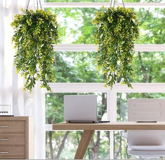 PASYOU Artificial Hanging Plants, Fake Vines Plastic Leaves Ivy Faux Greenery UV Resistant Plant for Indoor Outdoor Garden Office Decor Christmas Wedding Party Baskets DIY Decoration Yellow 4 Pack
