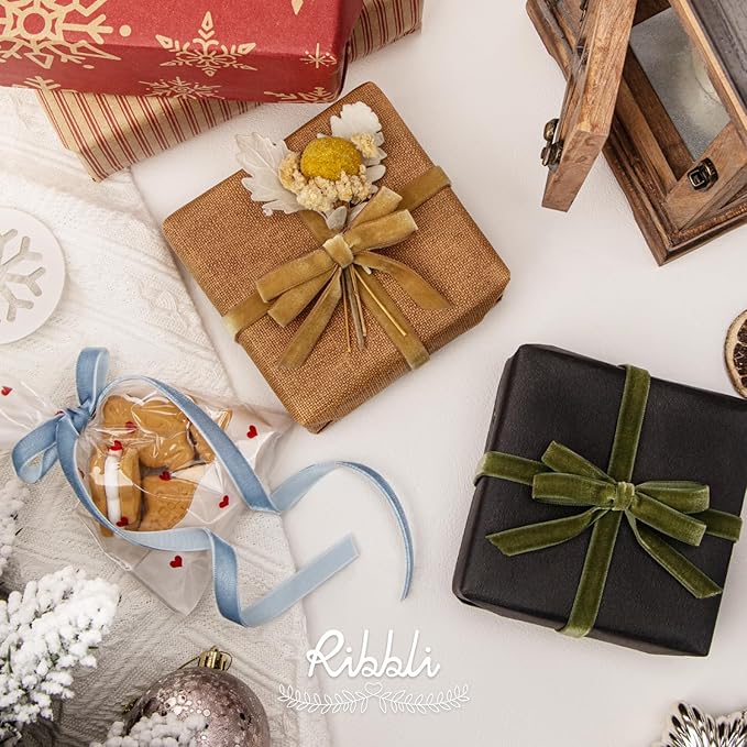 Ribbli Khaki Velvet Ribbon 3/8 Inches Continuous 25 Yard Spool Khaki Christmas Ribbon for Gift Wrapping Crafts Home Decor