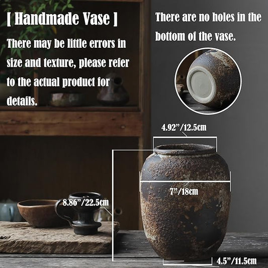 Denique Rustic Vase for Home Decor, Farmhouse Terracotta Vases, Large Ceramic Vase for Living Room Decor, Black Pottery Vase Large Clay Vase, Rustic Farmhouse Tabletop Decor(B-22cm)
