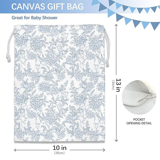 DSHFG Light Blue Toile Chinoiserie Floral Birthday Drawstring Gift Wrap Bags, Chinoiserie Baby Shower Drawstring Gift Bags Canvas, Small Happy Birthday Bag, Gifts for Women, 10x13 Inch