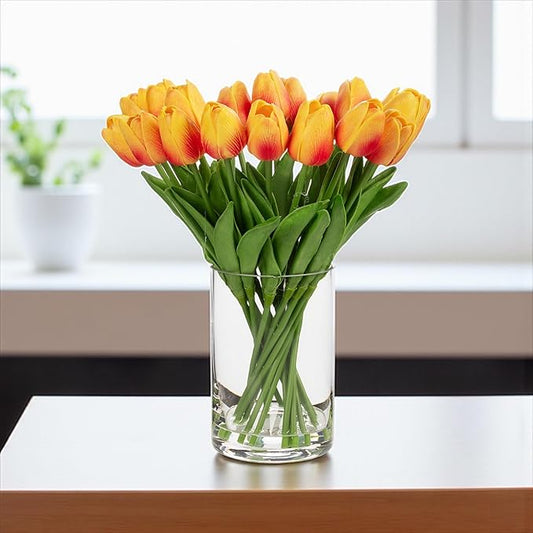 ENOVA FLORAL 20 Heads Real Touch Artificial Tulips Flowers Centerpieces for Dining Table Decorations, Wedding, Farmhouse Decor (Orange)