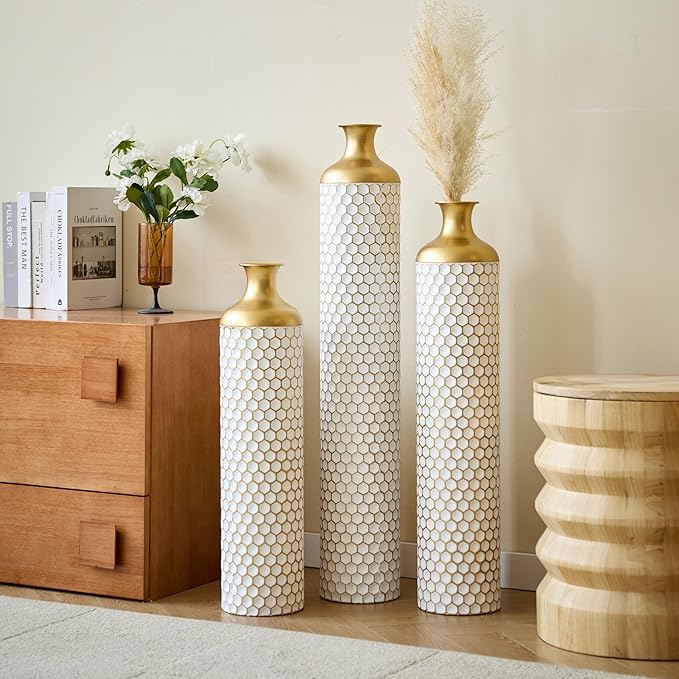 Metal Floor Vases Decorative, Set of 3 Flower Arrangement Stand, Tall White&Gold Metal Floor Vases for Living Room, Bedroom & Entryway, 33.4", 28.74", 24.4" H (Gold&White2)