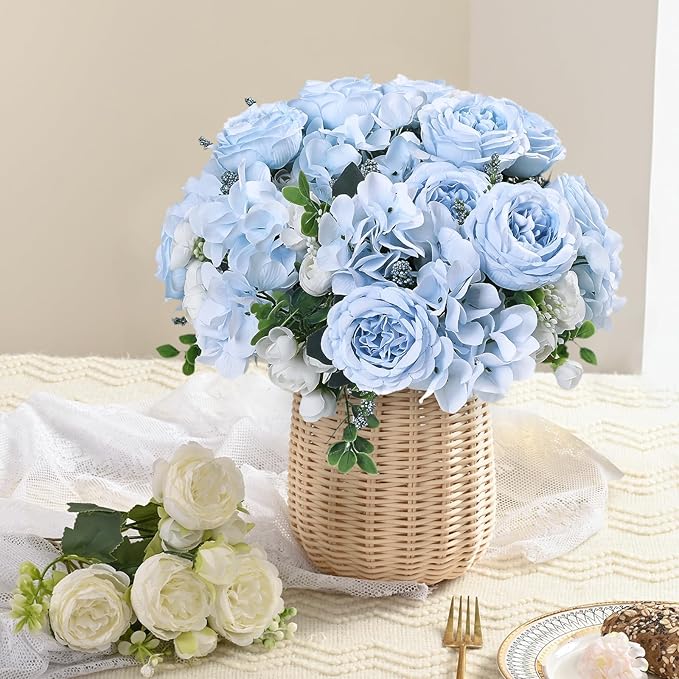 MARTINE MALL 2 Packs Peonies Artificial Flowers, Blue Artificial Peonies, Silk Peonies Flowers Fake Peonies Artificial Flowers Peonies Bouquet for Centerpiece Table Wedding Party Home Decor
