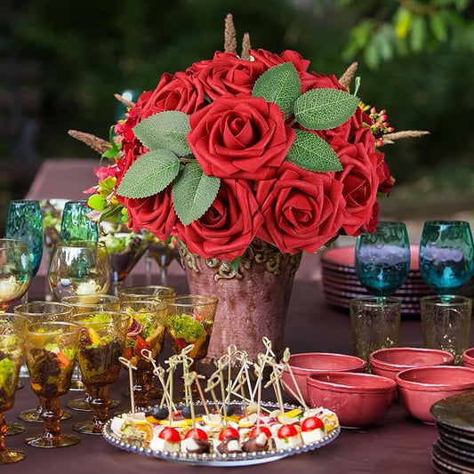 AmyHomie 25pcs Real Looking Artificial Red Roses w/Stem for DIY Wedding Bouquets Centerpieces Arrangements Party Baby Shower Valentines Day Christmas Tree Decorations