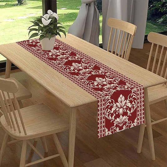 Damask Table Runner, Red Rustic Damask Antique Floral Retro Boho Art Pattern Linen Coffee Table Center Decor for Home Kitchen Dining Decorations Indoor Outdoor 13x108 inch