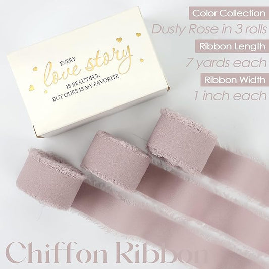 MEEDEE Dusty Rose Chiffon Ribbon 1 Inch Fringe Ribbons Pink Chiffon Silk Frayed Edge Ribbon Thin Chiffon Ribbons for Crafts, Gift Wrapping, Wedding Invitation (3 Rolls 21 Yards)