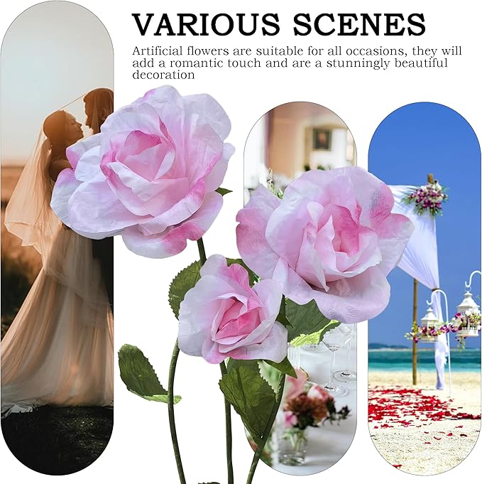 3pc Giant Flowers for Decoration - Indoor Outdoor Decor Huge Paper Flower, Realistic Faux Rose Flowers for Wedding, Birthday, Home Decor, Photography Props, Mall Display, Party Background Decor (Pink)