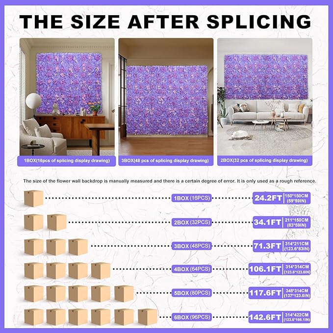 Artificial Flower Wall Backdrop 16pcs 16.5x16.5 Inch Silk Rose Artificial Floral Wall Panel Ideal for Wedding Celebrations, Festive Party Backdrops, and Elegant Home Decor-Purple