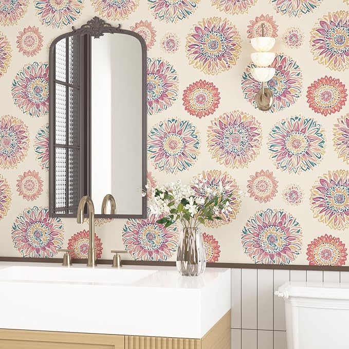 Beige Boho Wallpaper Peel and Stick, Vintage Circle Floral Contact Paper 17.5" x 393", Abstact Retro Blue/Pink Flower Wall Paper Self Adhesive Removable Waterproof for Walls Shelves Cabinet Table