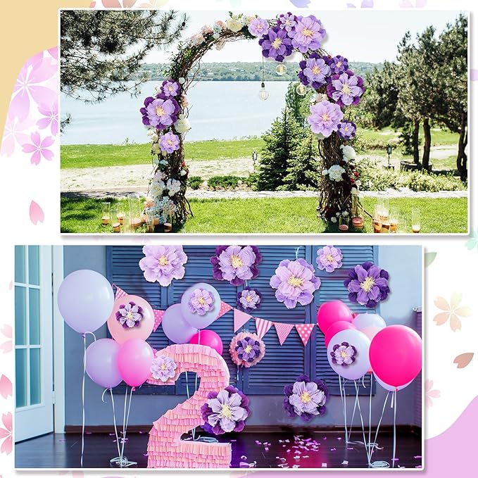 MotiMind 12 Pcs Large Colorful Tissue Paper Flowers 20" 10'' Giant Fiesta Paper Flowers Mexican Pom for Carnival Party Wall Backdrop Decoration Wedding Birthday(Gradient Purple)