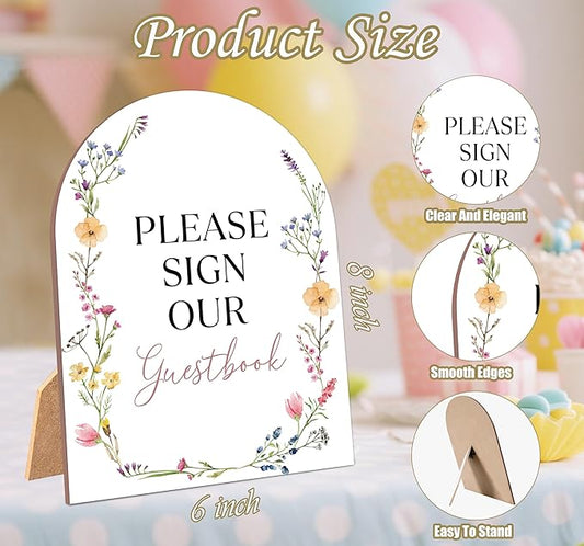 Boho Wildflower Please Sign Our Guestbook Sign for Baby Shower, 6x8 Inch Arch Wooden Sign with Stand, Floral Baby Shower Table Sign, Gender Neutral Party Decoration - MUK33
