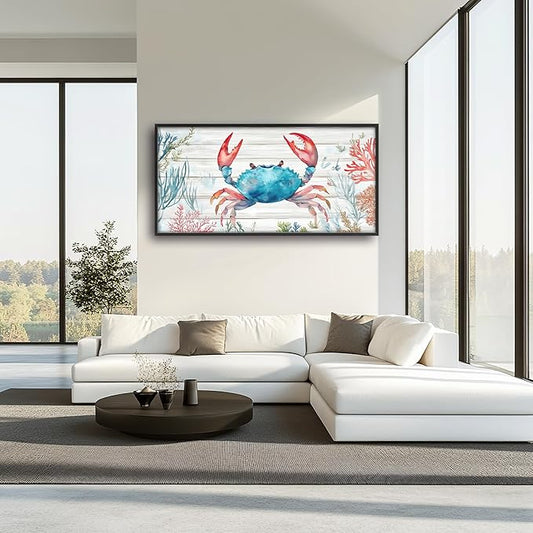 Crab with Coral Large Decor Framed Wall Art Ocean Pictures for Living Room, Nautical Oversized Canvas Print Painting Modern Extra Large Framed Artwork for Bedroom Office Home Decor 60"x30"
