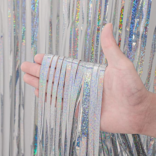 2 Pack Laser Silver Foil Fringe Backdrop Curtains, Tinsel Streamers Birthday Party Decorations, Fringe Backdrop for Graduation, Baby Shower, Gender Reveal, Disco Party