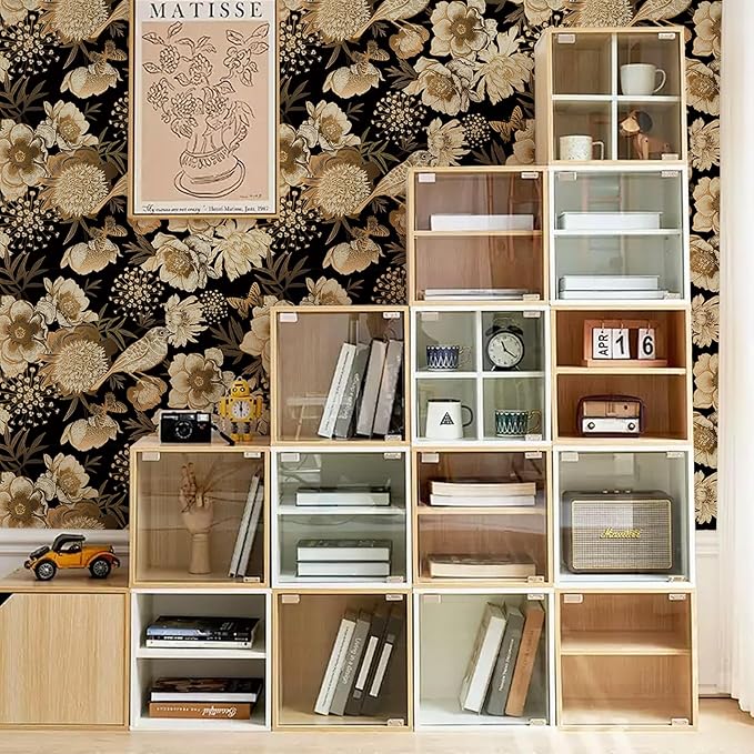 Floral & Birds Peel and Stick Wallpaper Antique Gold Black Self Adhesive Removable Floral Wallpaper for Bedroom Renter Friendly Floral Contact Paper for Bedroom Bathroom Walls Shelf Liner 17.7"x236.2"
