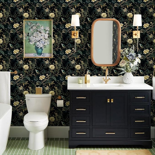 Dark Floral Peel and Stick Wallpaper Vintage Floral Contact Paper 16.9inchx118.1inch Flowers Bird Wallpaper Peel and Stick Boho Leaf Self Adhesive Removable for Bathroom Wall Paper Decor