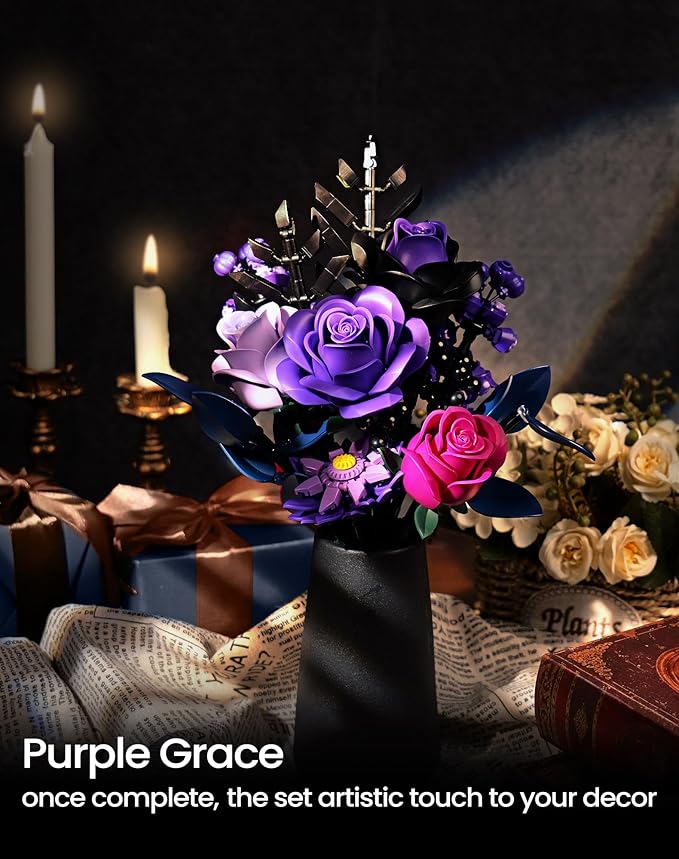 iATOM Flower Bouquet Building Set, Christmas Purple Roses Botanical Collection Kits for Adults Women - Gothic Home Office Table Centerpiece Decor - IA11004