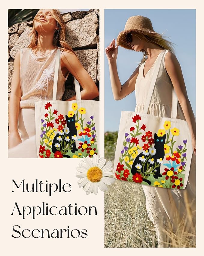 Aesthetic Embroidery Tote Bag for Women - Reusable Canvas Cute Shoulder Bag for Shopping, Grocery, Work, Book