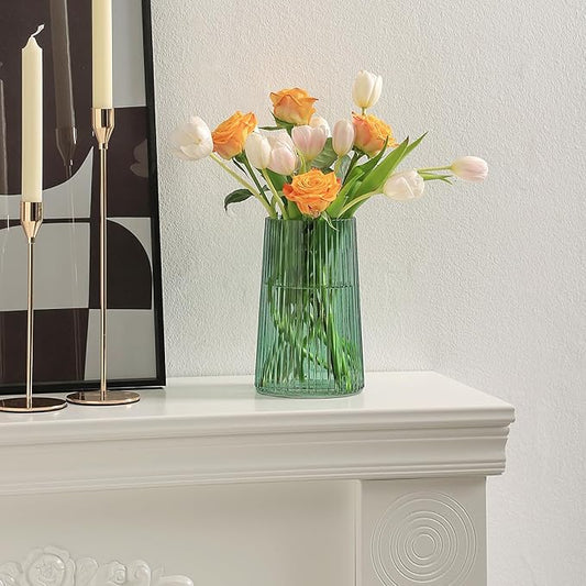 Green Glass Vase for Flower, Flower Vase for Bouquet, Modern Glass Vases, Ribbed Vases for Living Room, Bedroom, Dining Table, Office, Wedding, Centerpieces, 8 Inches