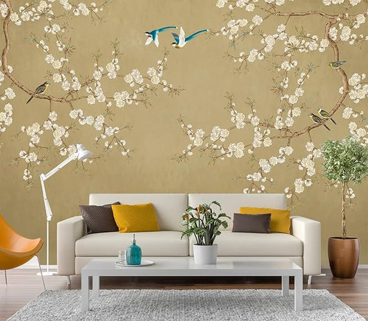 Eierme-Beautiful Background China Art. Flower with Bird Mural Wallpaper Peel and Stick 90" x 67"