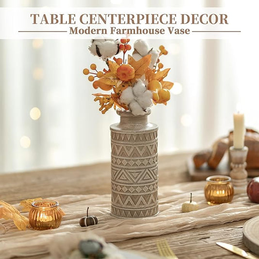 Hanobe Boho Vases Home Decor: Rustic Farmhouse Wood Vase for Living Room Kitchen Dining Table Centerpiece Aesthetic Carved Patterns Fall Decorations Bathroom Bedroom Office Accents