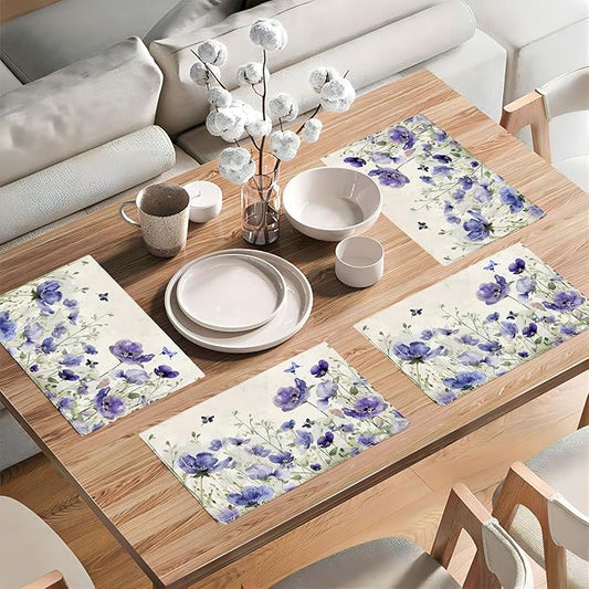 Farmhouse Flowers Placemats Set of 4 Butterfly Lavender Floral Plants Flower Leaves Placemats Rustic Floral Waterproof Washable Table Placemats for Dining Kitchen Decoration 4 PCS