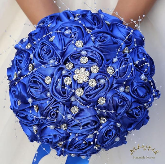 Bridal Wedding Bouquet Round Bling Brooch Bouquet Throw Toss Artificial Rose Flower Bunch for Bride Bridesmaid Wedding Quinceanera(Royal Blue, 8.7")