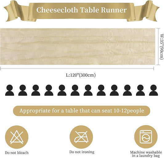 Cheesecloth Table Runner 10FT Long Boho Gauze Table Runner Rustic Sheer Runner for Wedding Bridal Baby Shower Birthday Party Table Decor Thanksgiving Christmas (Beige, 6 Pack)