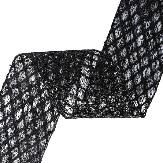 VATIN 4" Black Christmas Ribbon, Black Glitter Mesh Diamond Web Sequin Dots Wired Christmas Ribbon for Gift Wrapping Bow Making Wreath Supply-10 Yards