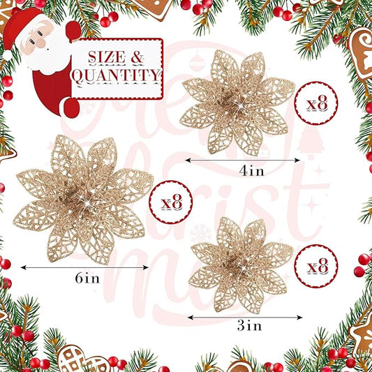 Boao Champagne 24 Pieces Poinsettia Flower Christmas Glitter Artificial Poinsettia with Clips Christmas Tree Ornament Decorations for DIY Xmas Wreath Holiday Home Party Decor, 3/4/6 Inches