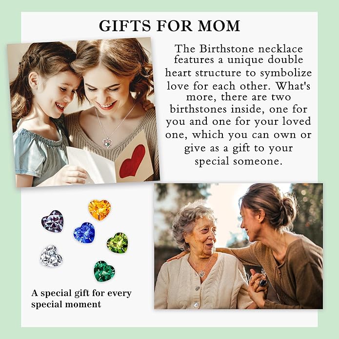 Iefil Rose Heart Double Birthstone Necklace Gifts for Wife Her Mom Women, Birthstone Jewelry Gemstone Birthday Gifts for Girlfriend Grandma Her Wife Women