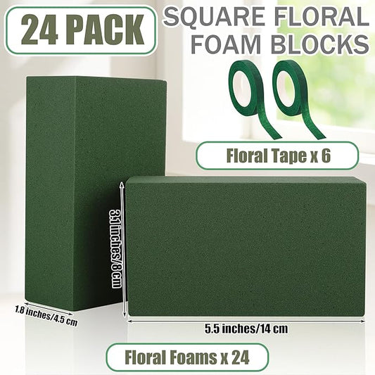 Aneco 24 Pieces Floral Foam Blocks with 6 Rolls Floral Tape 5.5''L x 3.1''W x 1.8''H Green Square Flower Foams Flower Arrangements Supplies for Dry & Wet Flower Wedding Home Decor and DIY Crafts