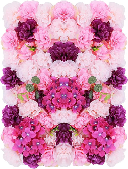 Flower Wall Panel Floral Backdrop,6pcs Champagne Flower Wall Decor,Silk Rose Wall, Artificial Flower Backdrop Faux Flower Panel for Wedding (6PCS Pink, Purple)