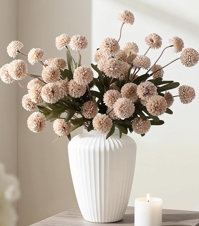 HyeFlora Fake Kiku Flowers,Faux Silk Pompon Mums 40heads Artificial Flowers,Chrysanthemum Stems Floral Arrangement Dried Flowers Vintage Decorative Indoor Home Vase Decor Beige