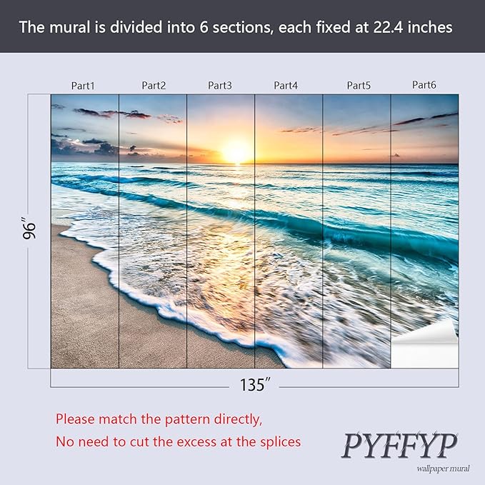 PYFFYP- Beach Wallpaper Sunset Ocean Wall murals for Living Room(Not Peel and Stick)