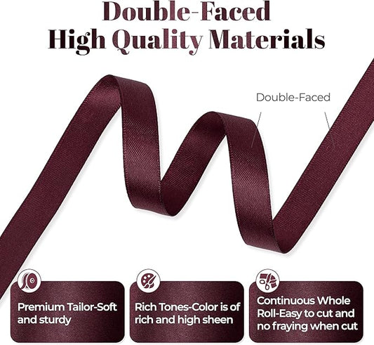 Burgundy Satin Ribbon, Double Faced 3/8 Inch X 50 Yards, Premium Polyester Satin Ribbon for Gift Wrapping, Crafts, Wedding Party Decor