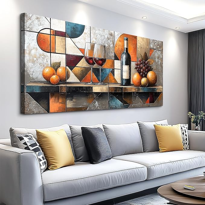 hyidecorart Canvas Wall Art For Kitchen Wall Decor For Living Room Dining Room Decorations Wine Glass Fruit Painting Still Life Geometry Abstract Picture Artwork Pub Posters Home Decor 20"x40"