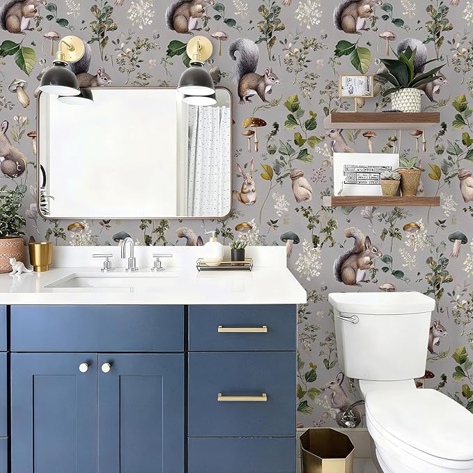 Whimsical Peel and Stick Floral Animal Contact Paper Squirrel Rabbit Removable Botanical Leaf Wallpaper 17.7" x 118.11" Wall Paper Watercolor Self Adhesive for Classroom Bedroom laundry room bathroom