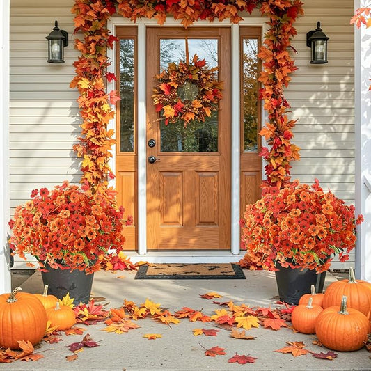 MACTING 24 Bundles Artificial Fall Flowers for Outdoors Faux Mums Outdoor Plants UV Resistant Fake Silk Flowers for Planters Patio Garden Porch Indoor Outside Autumn Thanksgiving Decor,Orange & Red