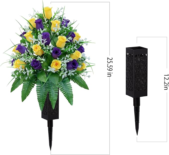 Artificial Cemetery Flowers, Gravesite Decoration Roses, Memorial Bouquets with Cemetery Vase, Vibrant and Long-Lasting Colors ( Yellow+Purple, 2 Bundles