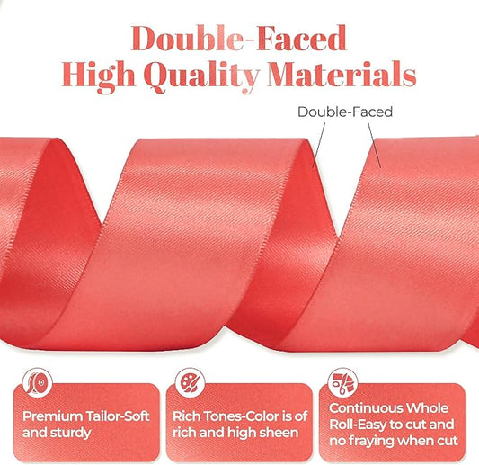 Coral Satin Ribbon, Double Faced 2 Inch X 50 Yards Coral Ribbon, for Gift Wrapping, Crafts, Hair Bow Making, Sewing, Flower Bouquet, Wedding Party Decor