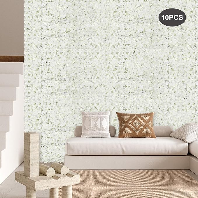 Flower Wall Panel Set,White Artificial Wall Flower Backdrop,10Pcs 15.7" X 23.6" 3D Silk Hydrangea Rose Floral Panel,Faux Roses Artificial Flower Backdrop for Wall Decor