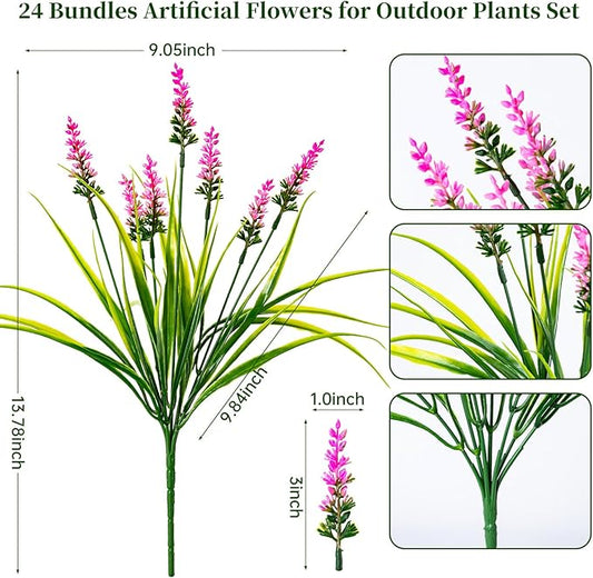 Artificial Flowers for Outdoor Plants 24 Bundles Fake Lavender Plastic Faux Monkey Grass for Verandah Window Garden Office Patio Front Porch UV Resistant for Planter(Pink)