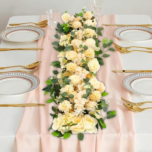 TFCFL Artificial Flowers Row, 39.5" X 12" Wedding Arch Faux Floral Swags, 3D Flower Panels Arrangement, DIY Wall Backdrop for Wedding Party Table Runner Decoration (Champagne)