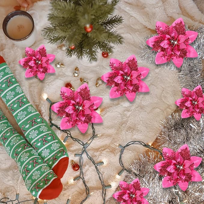 Geosar 36 Pcs Christmas Glitter Artificial Poinsettia Flowers Xmas Poinsettia Artificial Wedding Flowers Decorations Xmas Tree Ornaments with Clips for Party, 6 Inch, 4 Inch, 3 Inch(Peach Red)